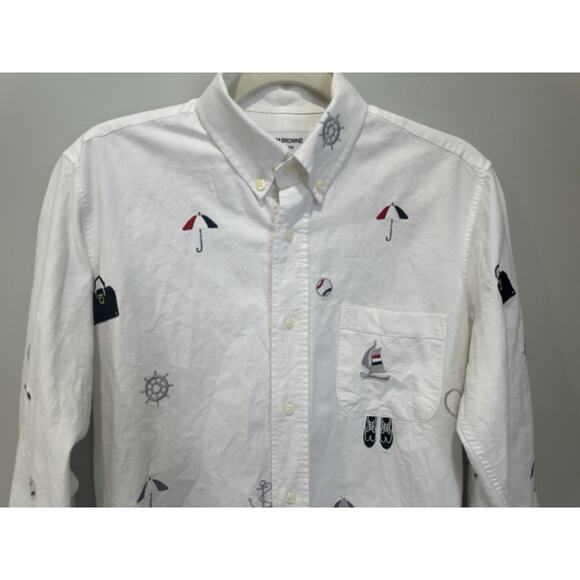 Thom Browne Travel Icon Embroidery Shirt Men White Button Down Long Sleeve Sz M - Picture 2 of 6